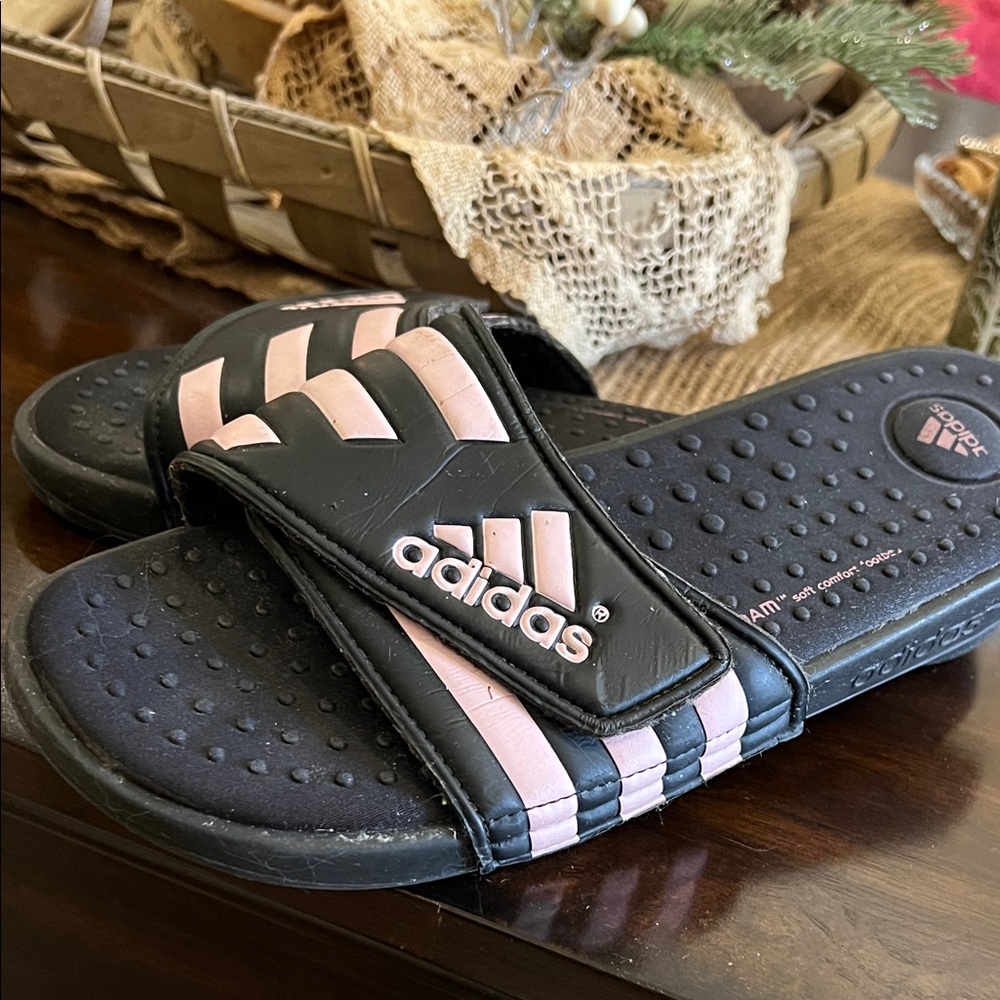 Adidas Black and Pink Comfort Slides size 8